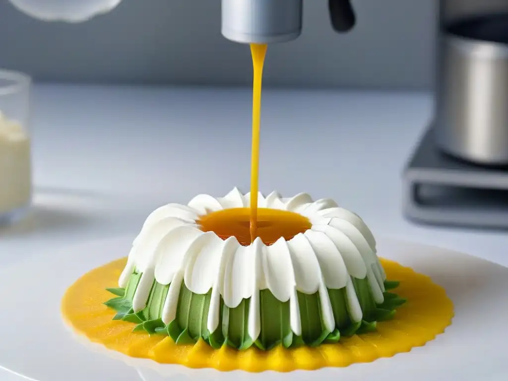 Detalle exquisito de impresión 3D de postres seguros para alérgicos en cocina moderna