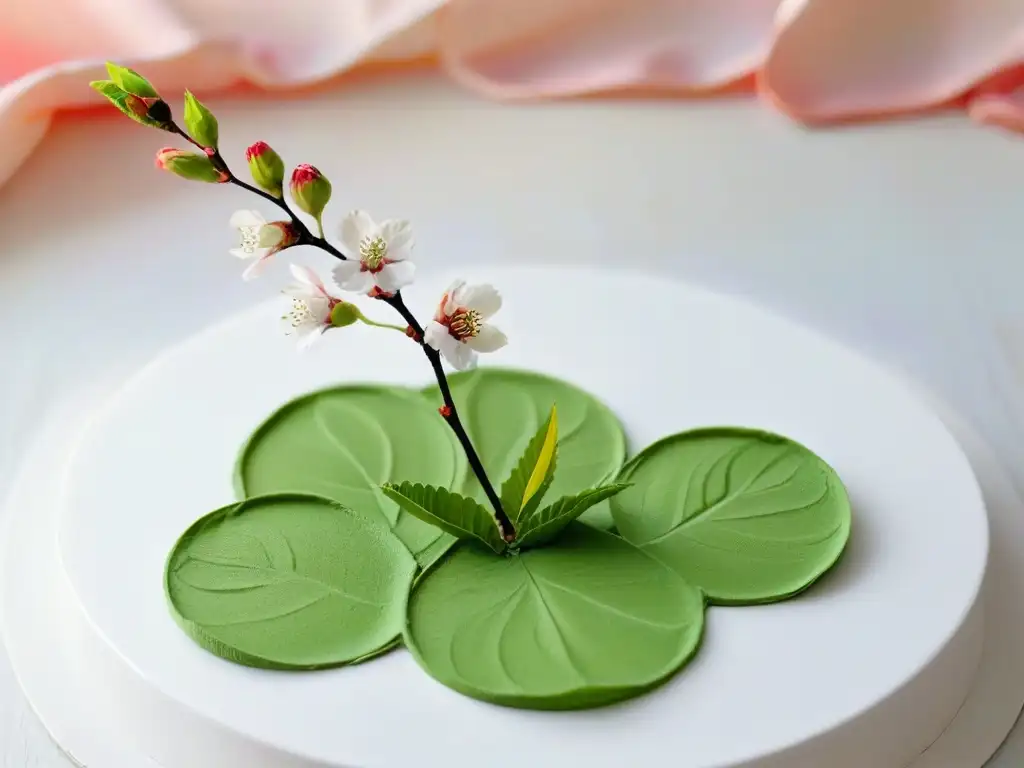 Detalle exquisito de una rama de cerezo entrelazada con una hoja de matcha sobre fondo rosa suave evocando la temporada de sakura en Japón