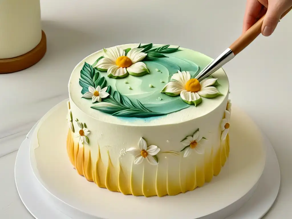 Detalle exquisito: brocha repostería pintando flores con acuarelas en fondant