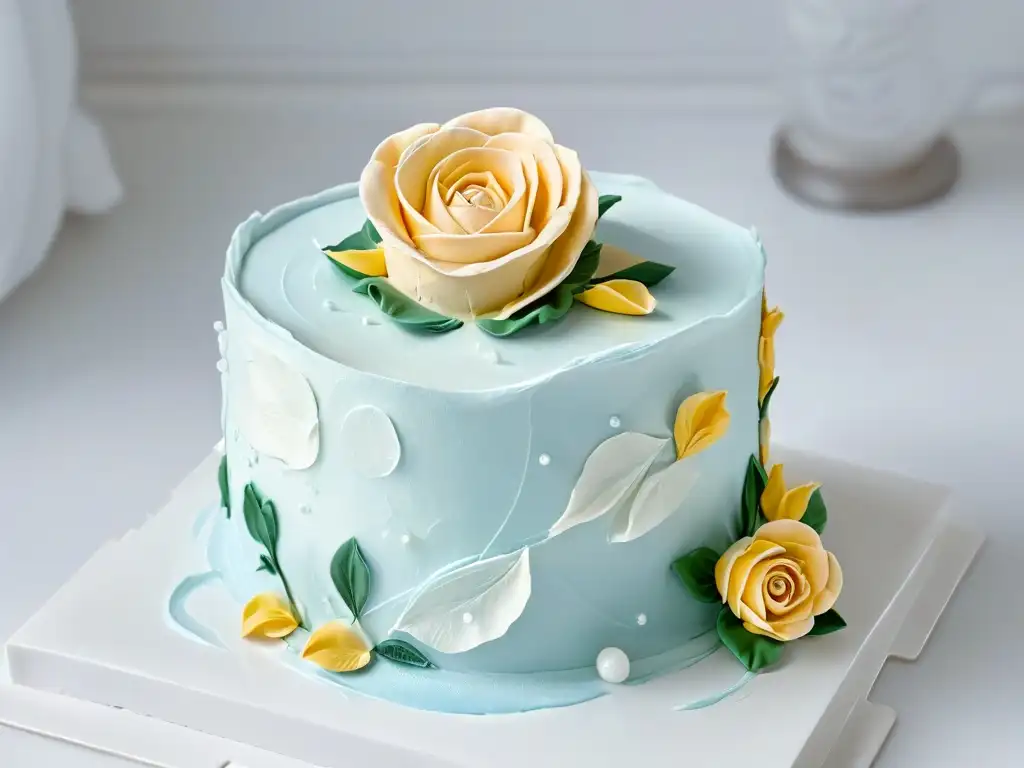 Detalle exquisito de una rosa de fondant sobre un pastel blanco glaseado