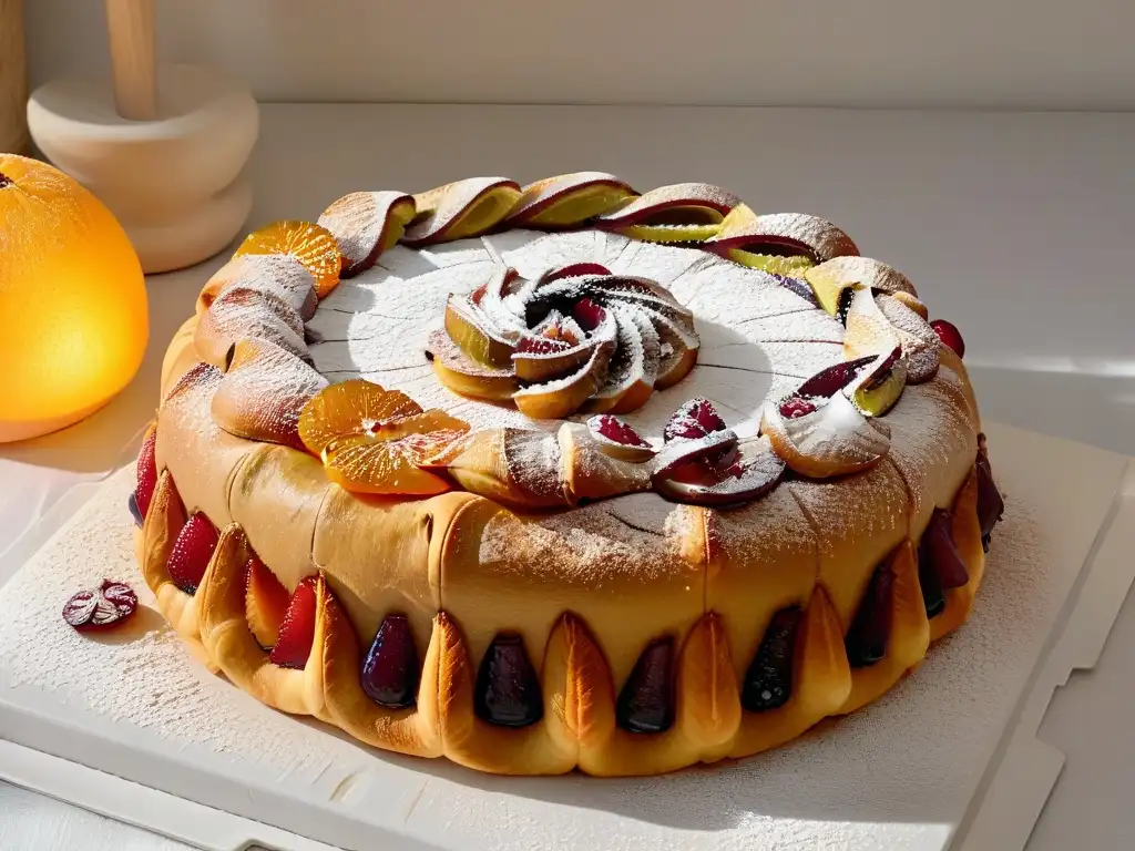 Detalle exquisito del Roscón de Reyes recién horneado con frutas confitadas, ideal para la receta roscón de Reyes invierno