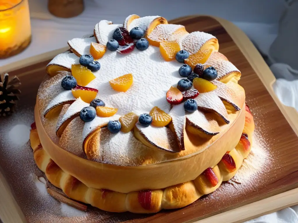 Detalle exquisito del Roscón de Reyes recién horneado con frutas confitadas y azúcar glas, sobre mesa rústica