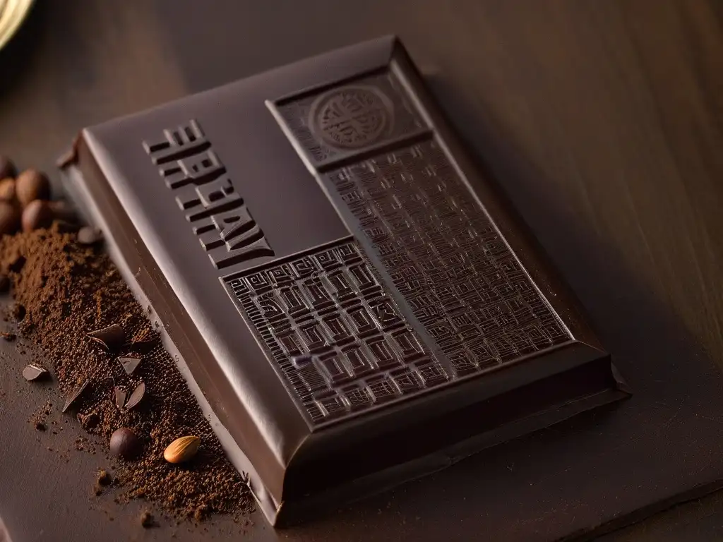 Detalle exquisito del sello Certificados Comercio Justo repostería grabado en chocolate oscuro, resaltando compromiso ético y calidad