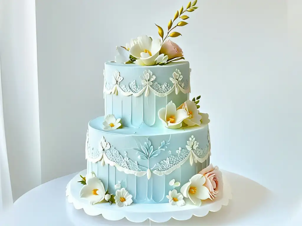 Exquisita tarta de bodas con encaje blanco y flores de azúcar Detalle exquisito de una tarta de boda de tres pisos con decoración en encaje blanco y flores de azúcar en tonos pastel, sobre fondo blanco