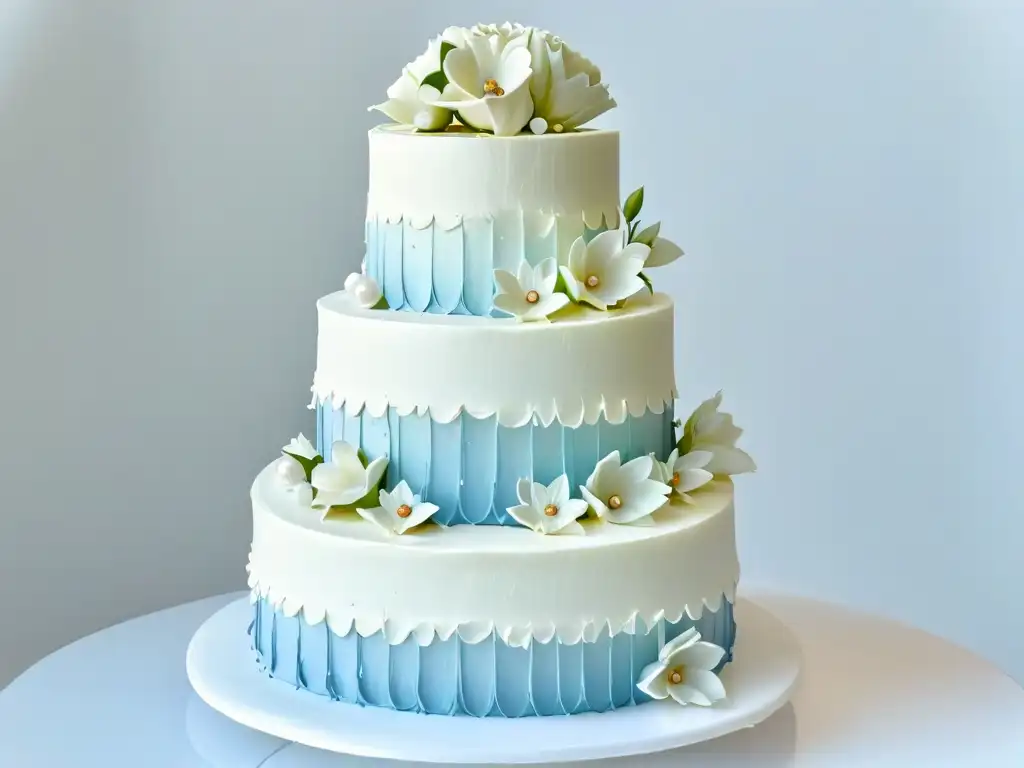 Detalle exquisito de una tarta de boda de tres pisos, con decoración meticulosa y perlas comestibles brillantes