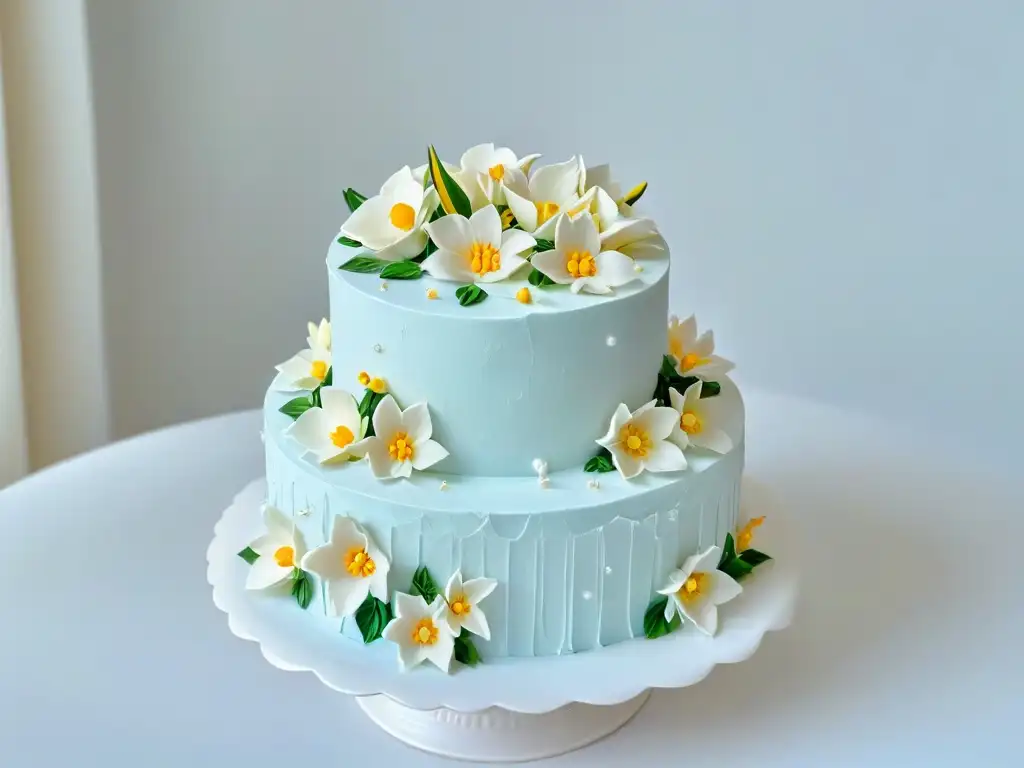 Detalle exquisito de una tarta de tres pisos con flores de azúcar en tonos pastel