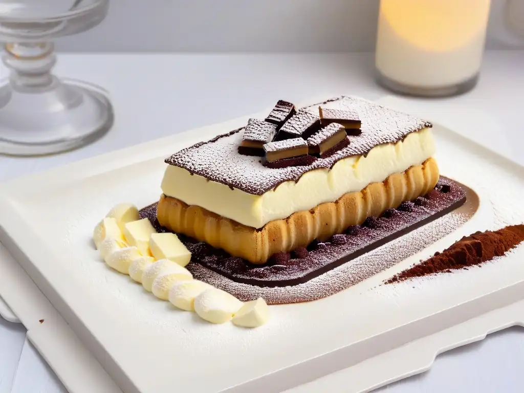 Detalle del exquisito tiramisú clásico en plato blanco