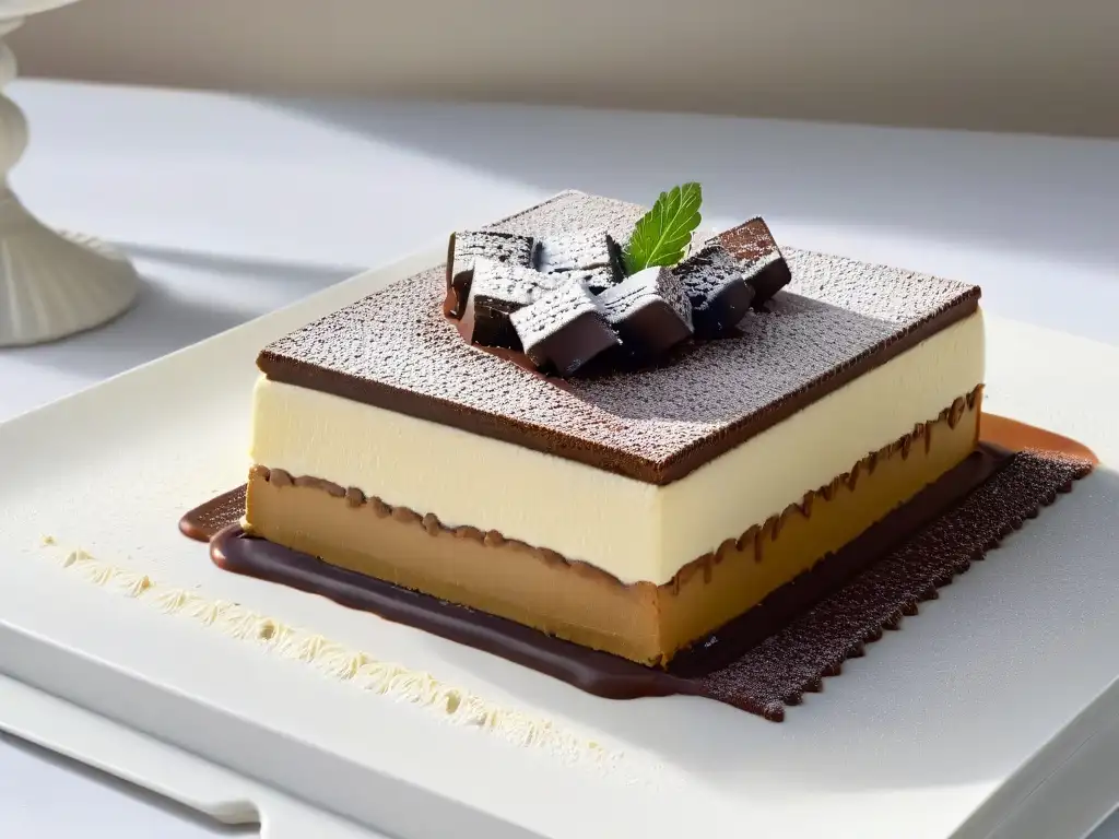 Detalle exquisito de un tiramisú decadente en presentación moderna y minimalista