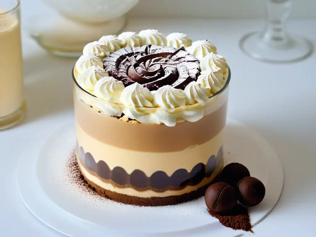 Delicioso tiramisú: capas de placer y sofisticación Detalle exquisito de un tiramisú en vaso, capas definidas de bizcochos, crema de mascarpone y cacao