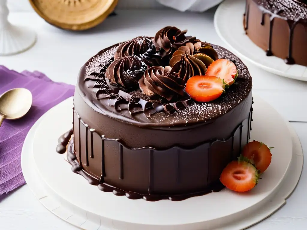 Detalle exquisito de una Torta Ahogada en Chocolate: ganache fundente, rizos elegantes, indulgencia pura