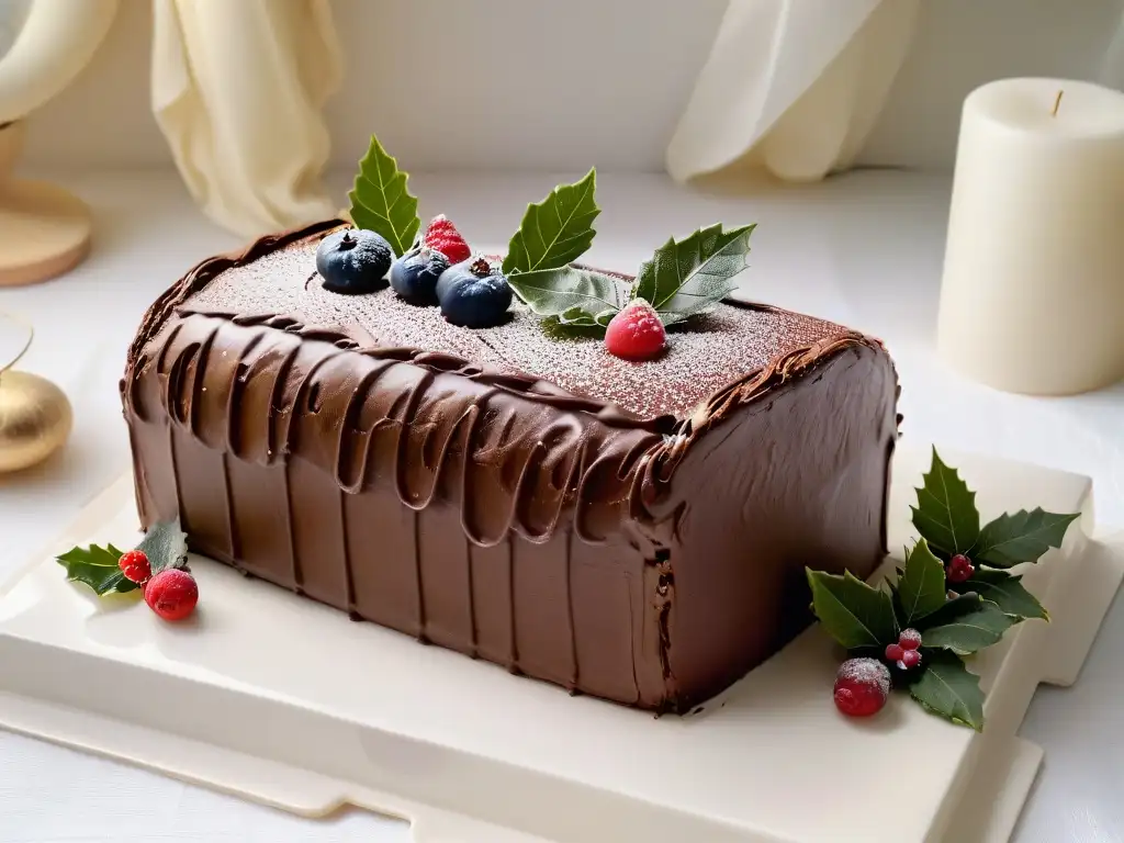 Detalle exquisito de un tronco de Navidad decorado con textura de corteza de chocolate y hojas de acebo de mazapán