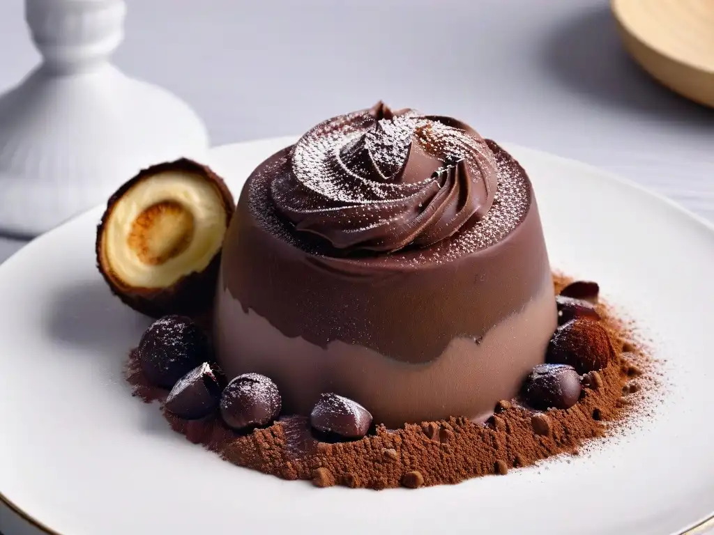 Detalle de un exquisito trufa de chocolate siendo espolvoreada con cacao amargo