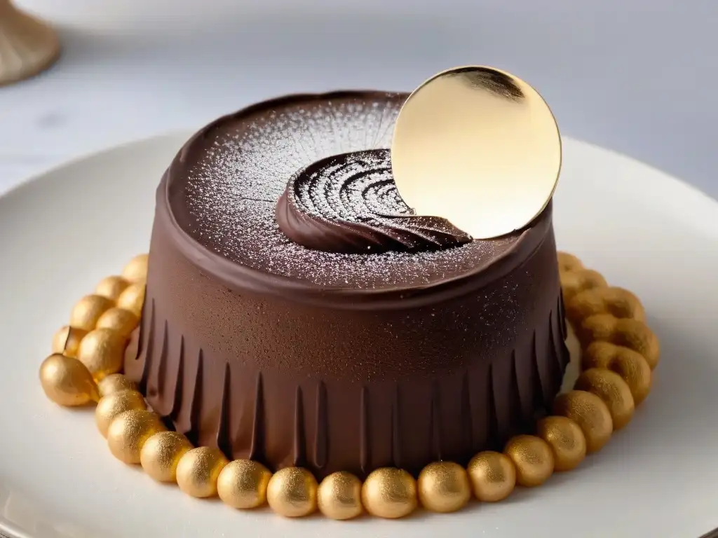 Detalle exquisito de una trufa de chocolate decorada con polvo dorado comestible