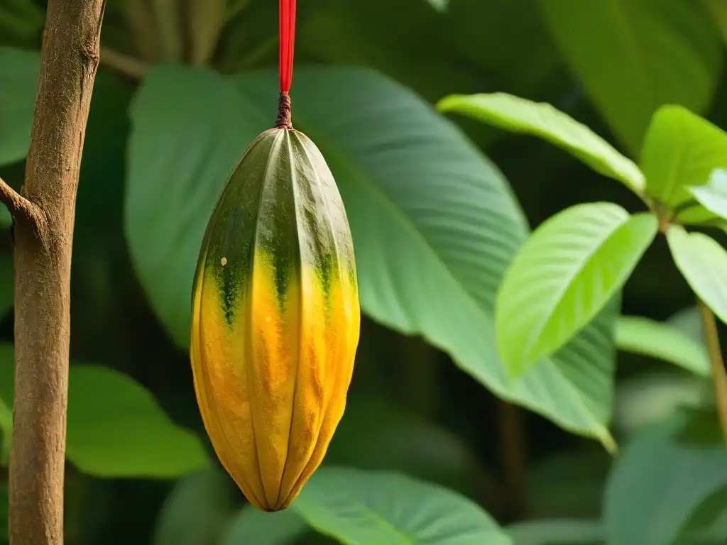 Detalle exquisito de una vaina madura de cacao en rama, rodeada de árboles de cacao