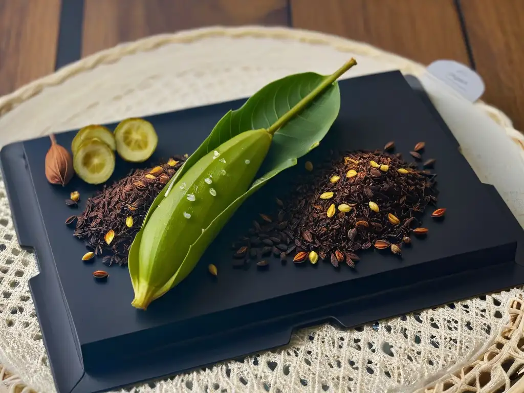 Detalle exquisito de una vaina de vainilla abierta, con semillas brillantes en un plato negro