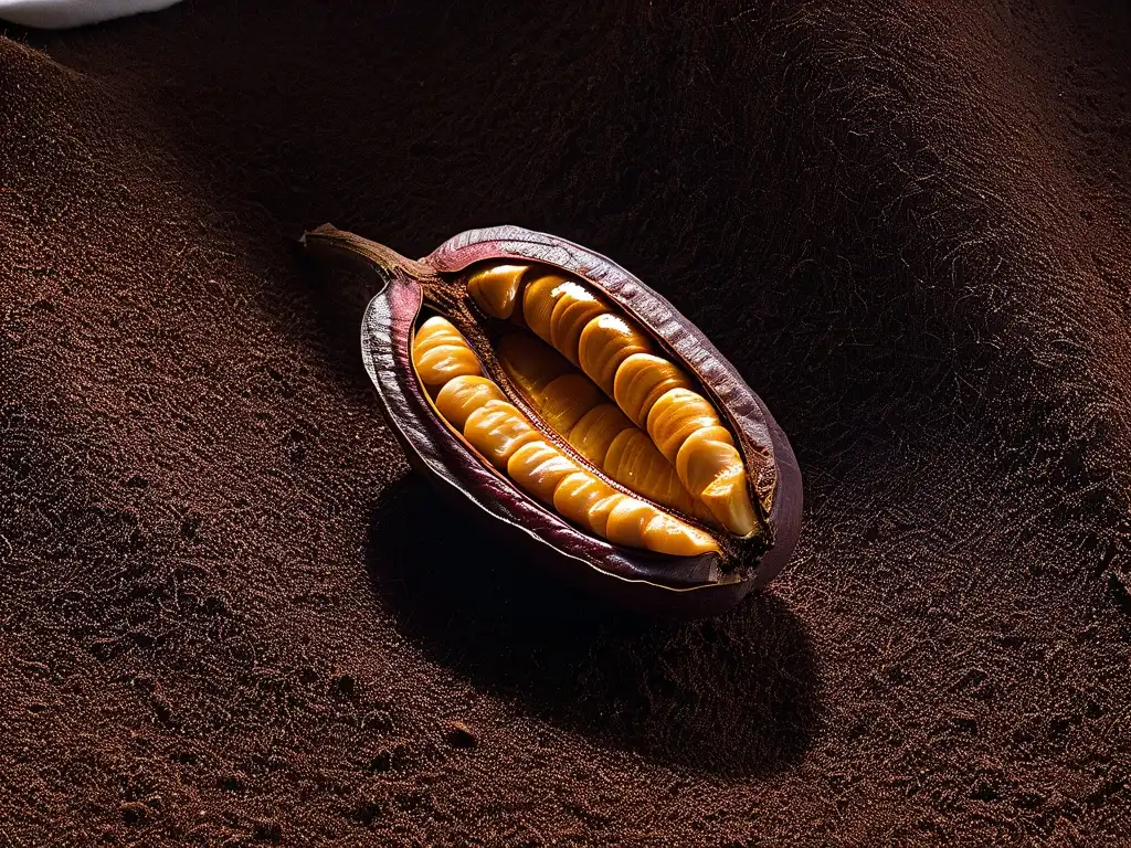 Detalle fascinante de un cacao orgánico partido, revelando sus patrones intrincados en contraste con el blanco