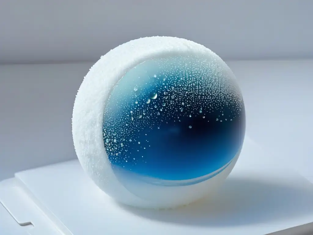 Detalle fascinante de una esfera de azúcar transparente mostrando la complejidad de la gastronomía molecular en repostería