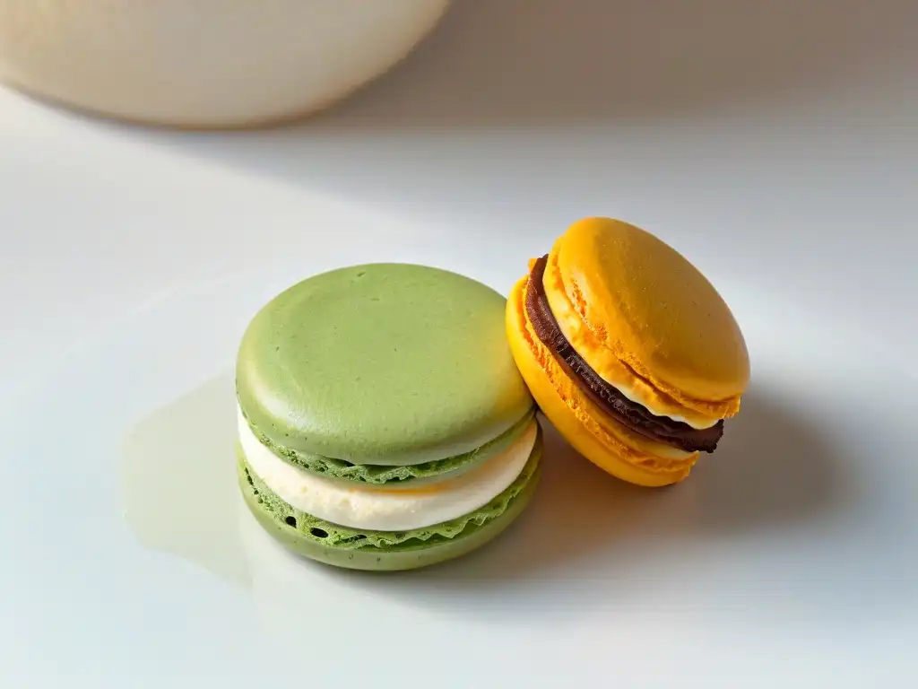 Detalle fascinante de un exquisito macaron de Pierre Hermé, resaltando la elegancia y la sofisticación de su pastelería arte