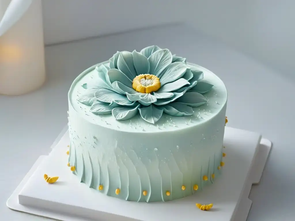 Detalle fascinante de una flor de azúcar sobre un pastel, reflejando la exquisitez de la repostería moderna