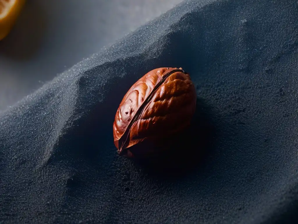 Detalle fascinante de un grano de cacao en su estado natural, resaltando su textura y color