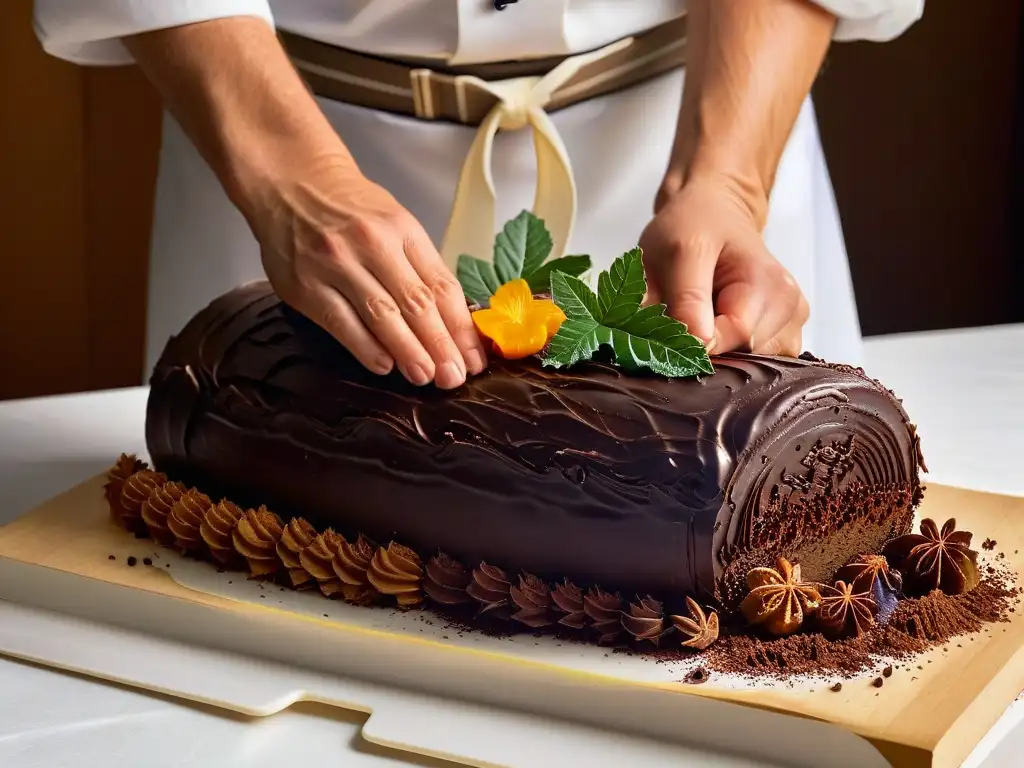 Detalle fascinante: manos del chef decorando un tronco de Navidad paso a paso con ganache de chocolate