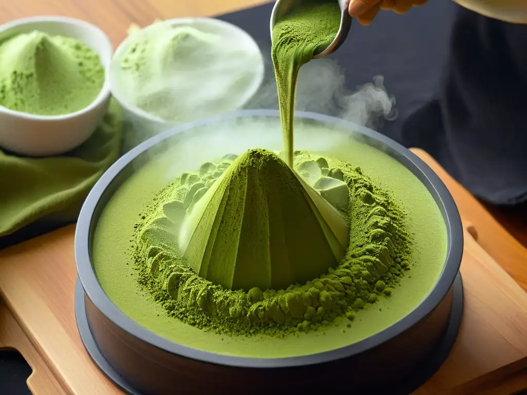 Detalle fascinante de matcha verde cerniéndose en un tamiz, iluminado por luz suave