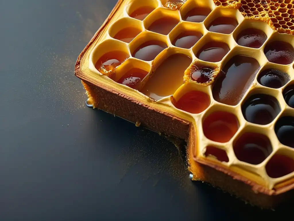 Delicioso néctar dorado: miel y panal en detalle Detalle fascinante de panal dorado con miel espesa, endulzantes naturales para repostería