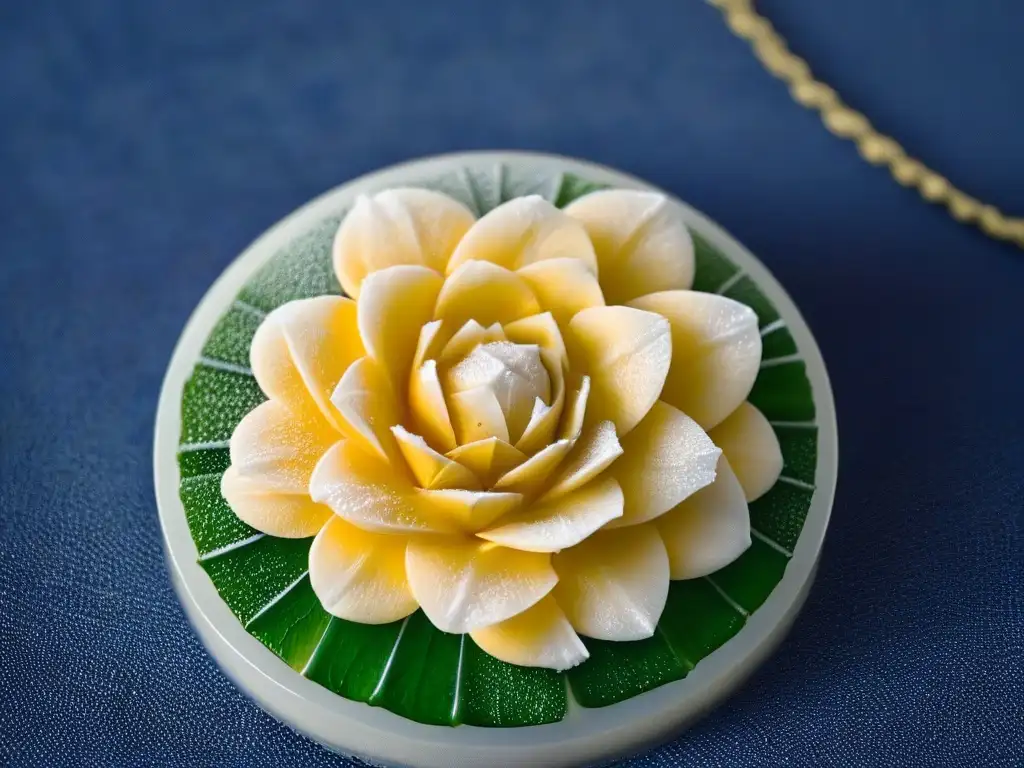 Detalle de una flor de azúcar cristalizada en un postre, destacando decoraciones únicas en cristalización de azúcar