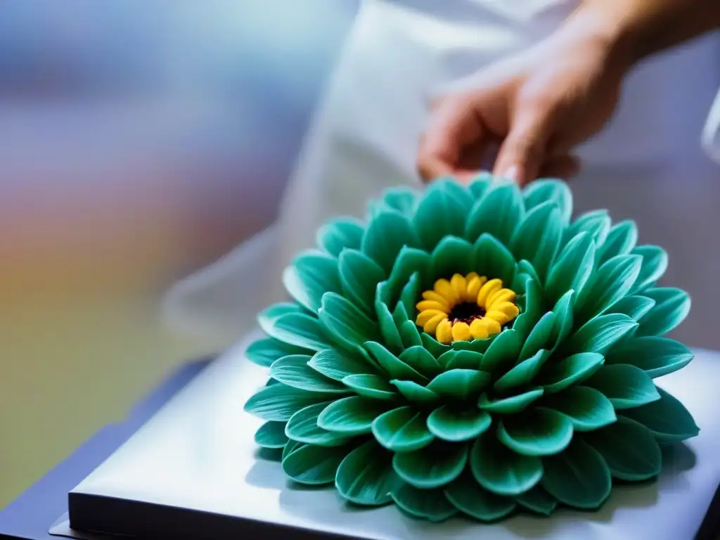 Detalle de una flor de azúcar elaborada con precisión por un chef pastelero en un concurso de repostería tendencias emergentes