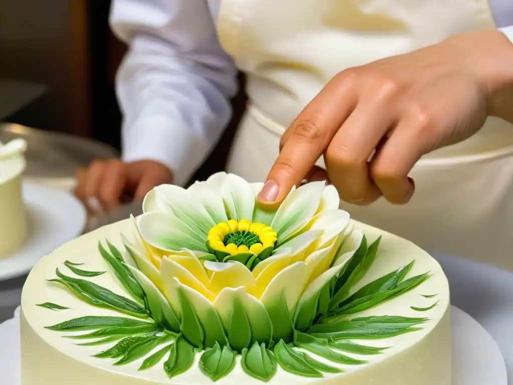 Detalle de flor de azúcar elaborada con destreza en concurso de repostería, creando contactos valiosos