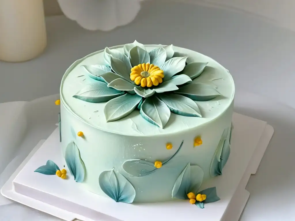 Detalle de una flor de azúcar en una elegante tarta, destacando la sostenibilidad en repostería global