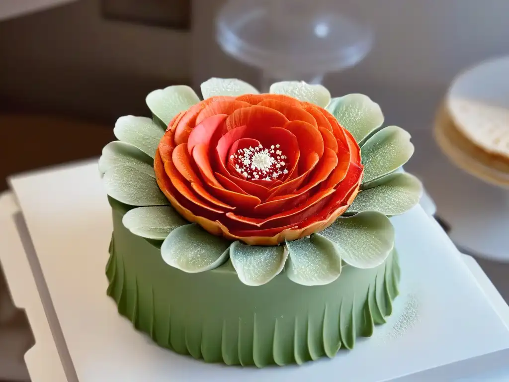 Detalle de una flor de azúcar siendo meticulosamente esculpida por un chef pastelero experto, demostrando la innovación en repostería