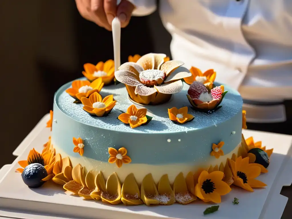 Detalle de una flor de azúcar esculpida con destreza, mostrando el arte en repostería contemporánea