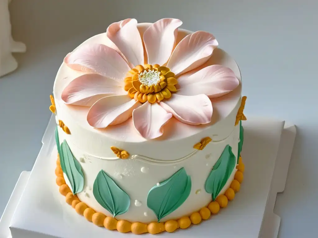 Detalle de una flor de azúcar en un pastel blanco impecable, reflejando la luz y los secretos de chefs ganadores en competencias de repostería