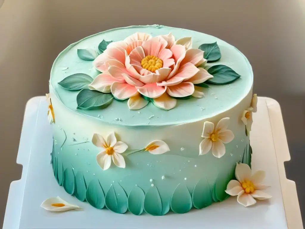 Detalle de una flor de azúcar en pastel decorado con fondant, destacando la artesanía y precisión en repostería