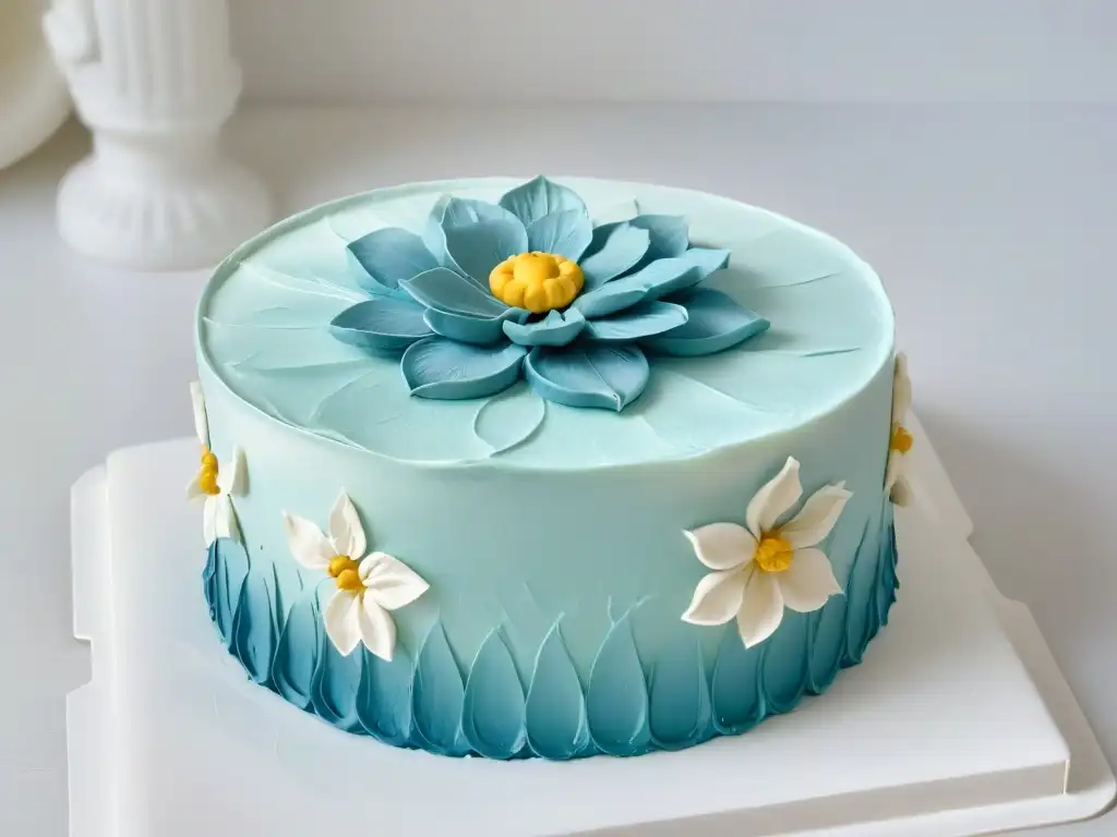 Detalle de flor de azúcar sobre un pastel blanco impecable, representando la elegancia de los mejores edulcorantes para repostería