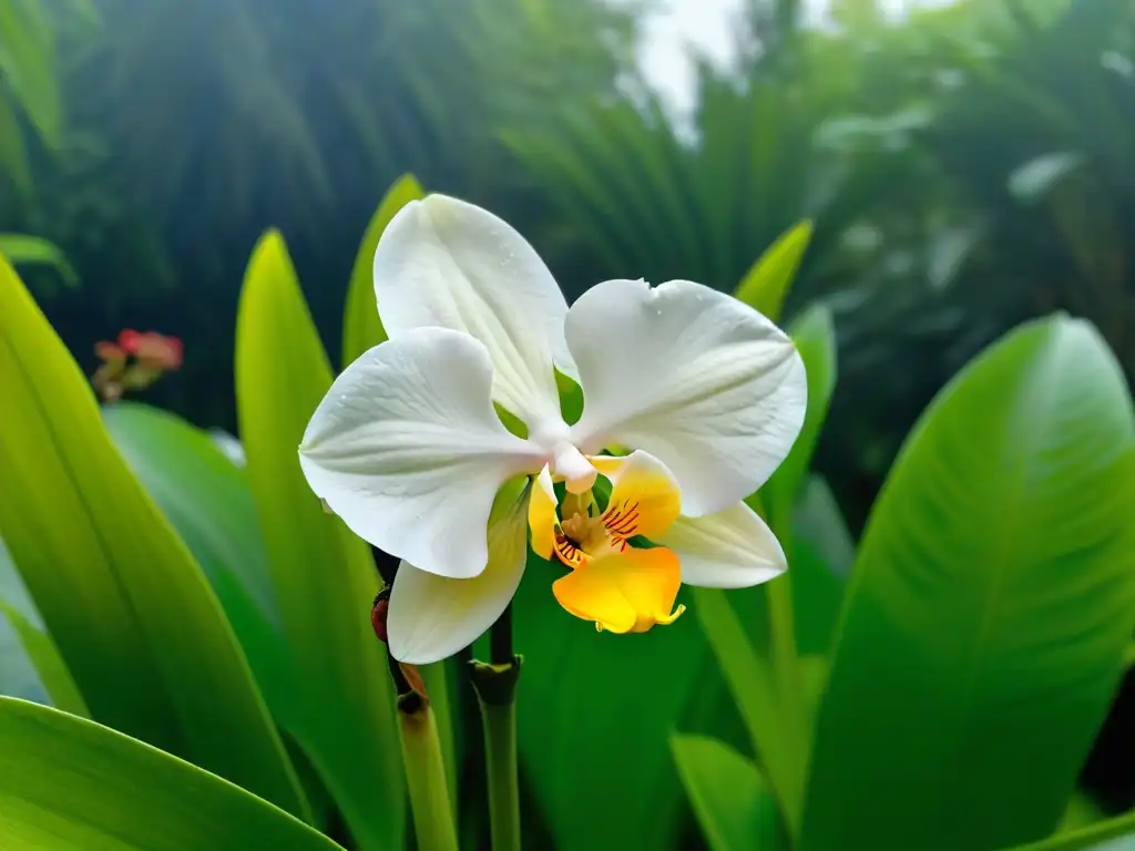 Detalle de flor blanca de vainilla entre hojas verdes