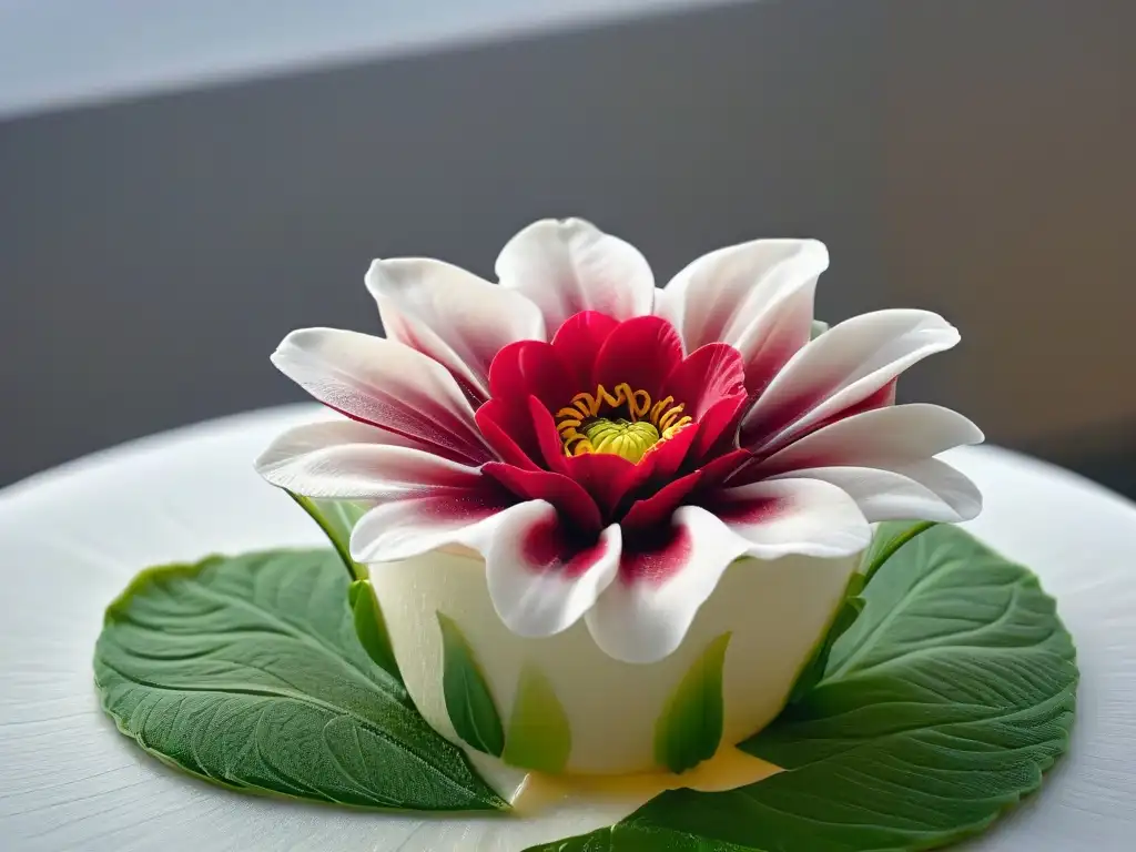 Detalle de una flor de azúcar siendo creada con maestría por un chef pastelero