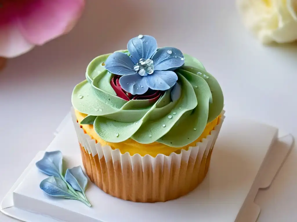 Detalle de una flor comestible sobre un cupcake decorado, fusionando belleza y sabor en repostería