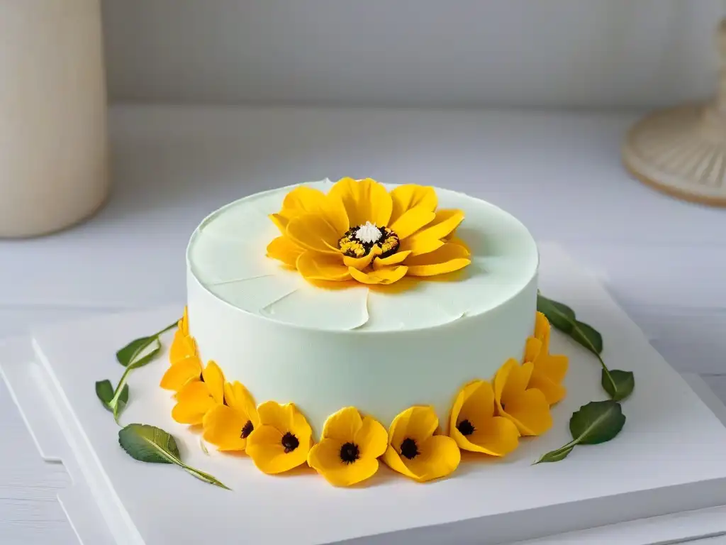 Detallada flor comestible pintada a mano en postre gourmet Detalle de una flor comestible pintada a mano en postre gourmet