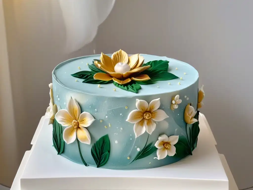 Detalle de una flor de fondant siendo meticulosamente pintada con pintura comestible dorada, resaltando la precisión artística