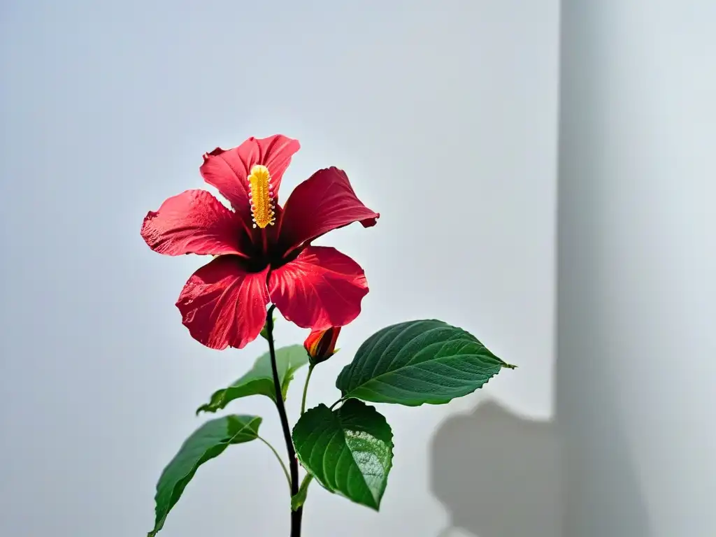 Detalle de flor de jamaica en frosting rojo intenso, pistilos y estambres, sobre fondo blanco