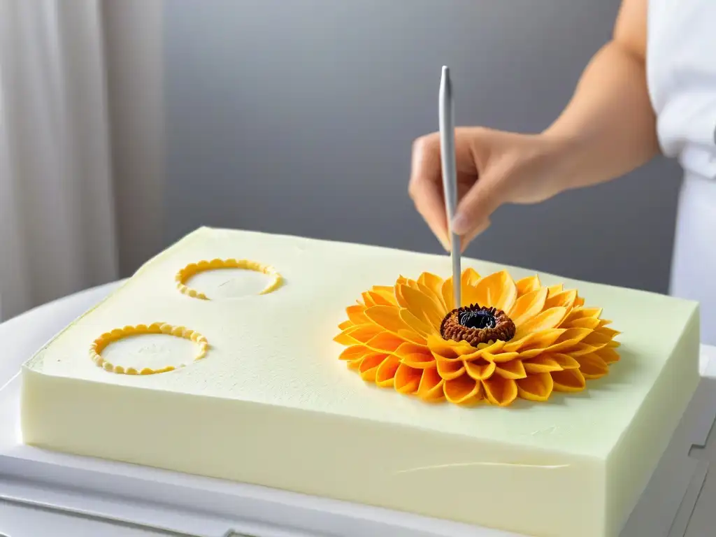 Detalle de una flor de azúcar hecha a mano con precisión por un chef pastelero