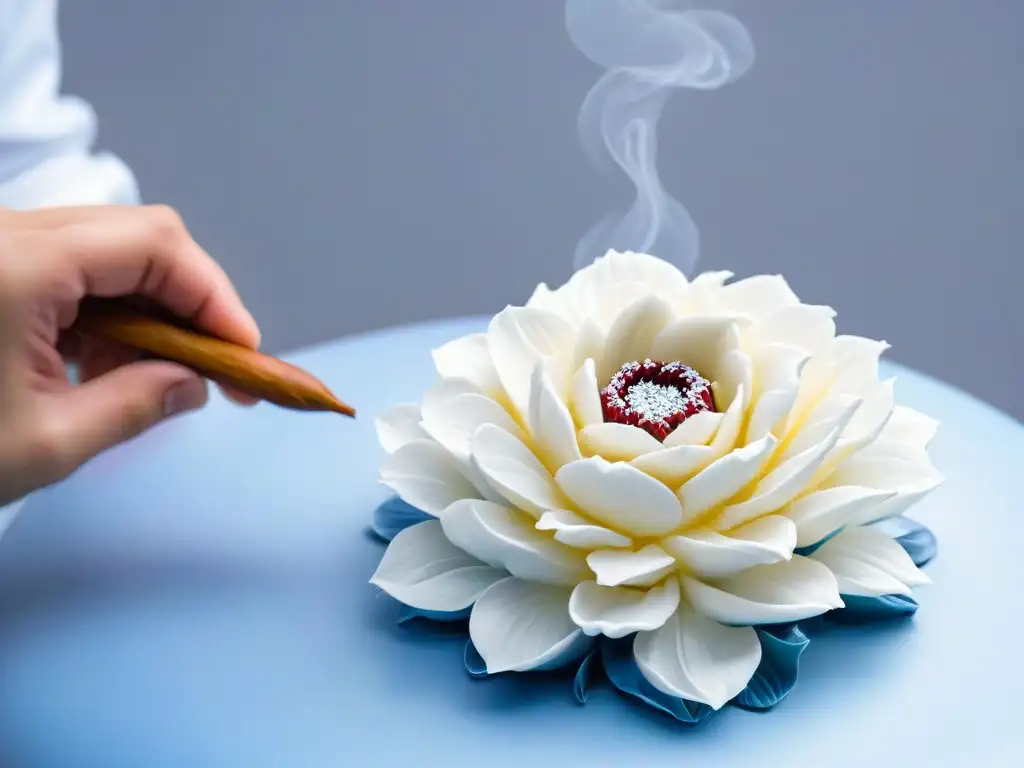 Detalle de una flor de pasta de goma para decoración siendo cuidadosamente moldeada por un hábil chef pastelero