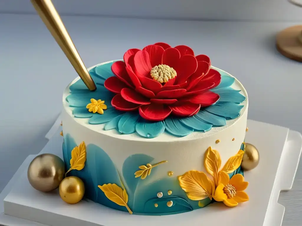 Detalle de una flor de fondant pintada a mano con pintura comestible dorada, mostrando pinceladas intrincadas y colores vibrantes