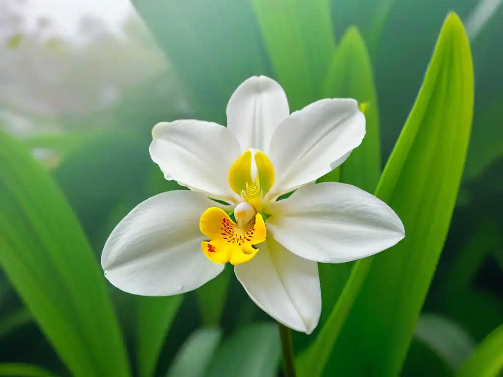 Detalle de una flor de vainilla con pétalos blancos, estambres amarillos y hojas verdes, reflejando la producción de vainilla de comercio justo