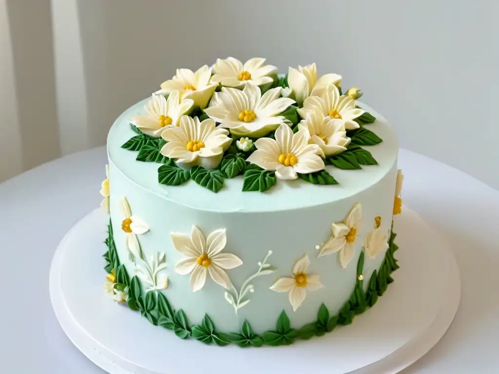 Detalle floral perfectamente decorado en una tarta, destacando técnicas de piping con manga