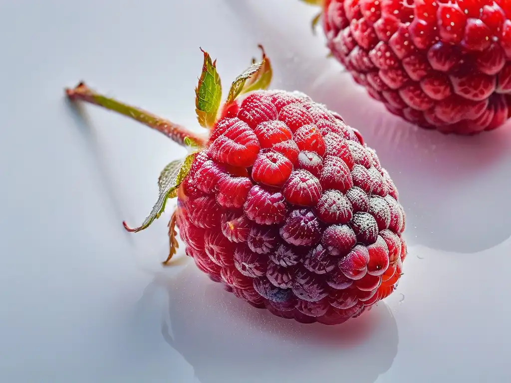 Detalle de frambuesa roja jugosa con gotas de jugo, destacando su gelificación con pectinas y gelatinas en fondo blanco