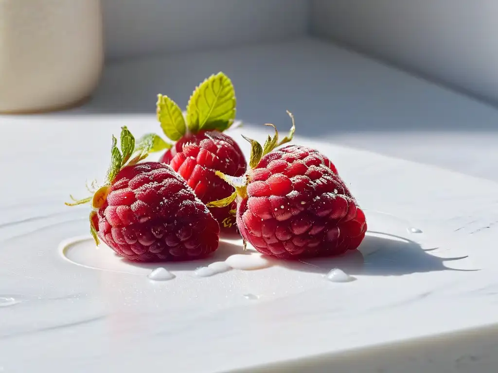 Detalle de una frambuesa roja madura siendo exprimida, con jugo brillante formando una piscina en encimera de mármol blanco