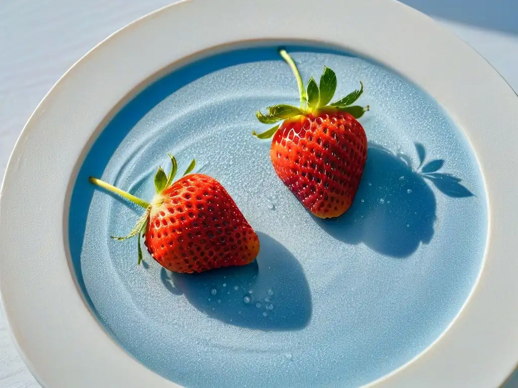 Detalle de fresa madura en mármol blanco con gotas de agua, ingredientes repostería vegana orgánicos